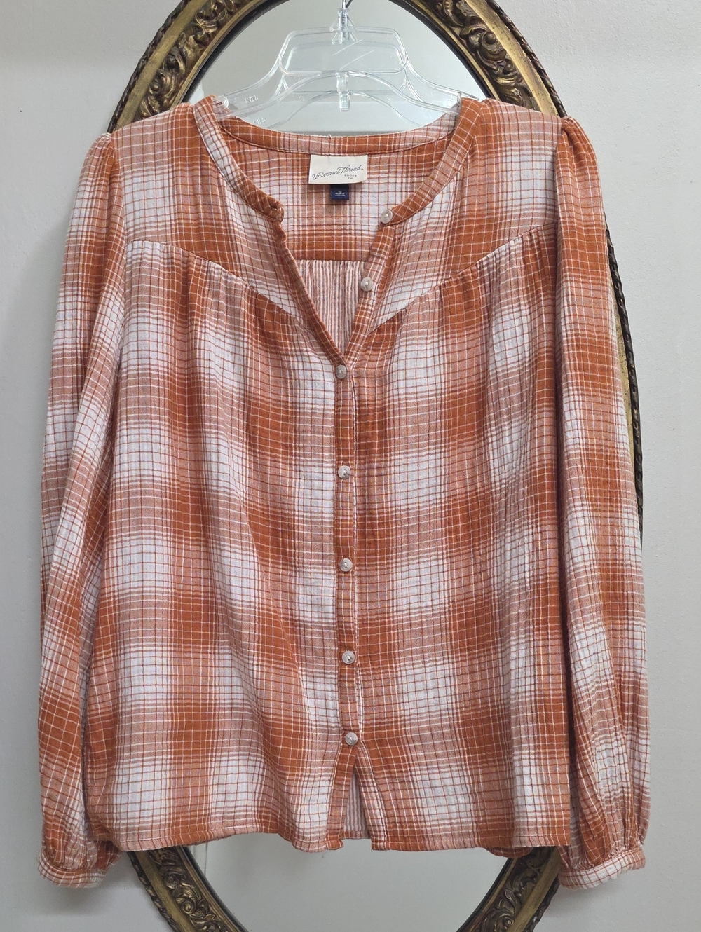 Universal Thread Lightweight Orange Plaid Button-Front Women's Top Shirt Medium